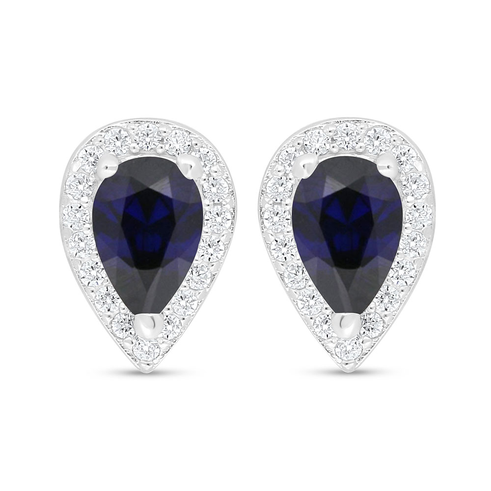 Sterling Silver 925 Earring Rhodium Plated Embedded With Sapphire Corundum And White Zircon