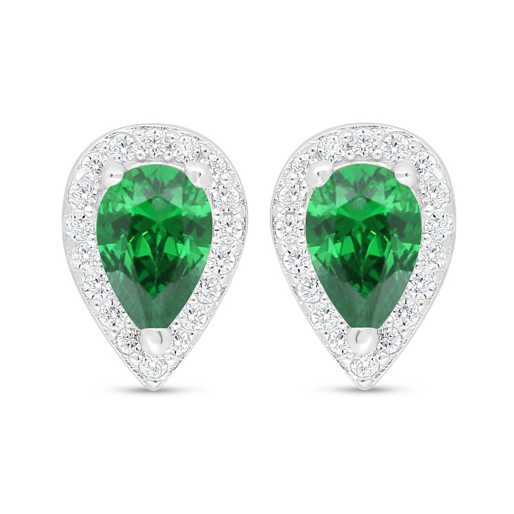 Sterling Silver 925 Earring Rhodium Plated Embedded With Emerald Zircon And White Zircon