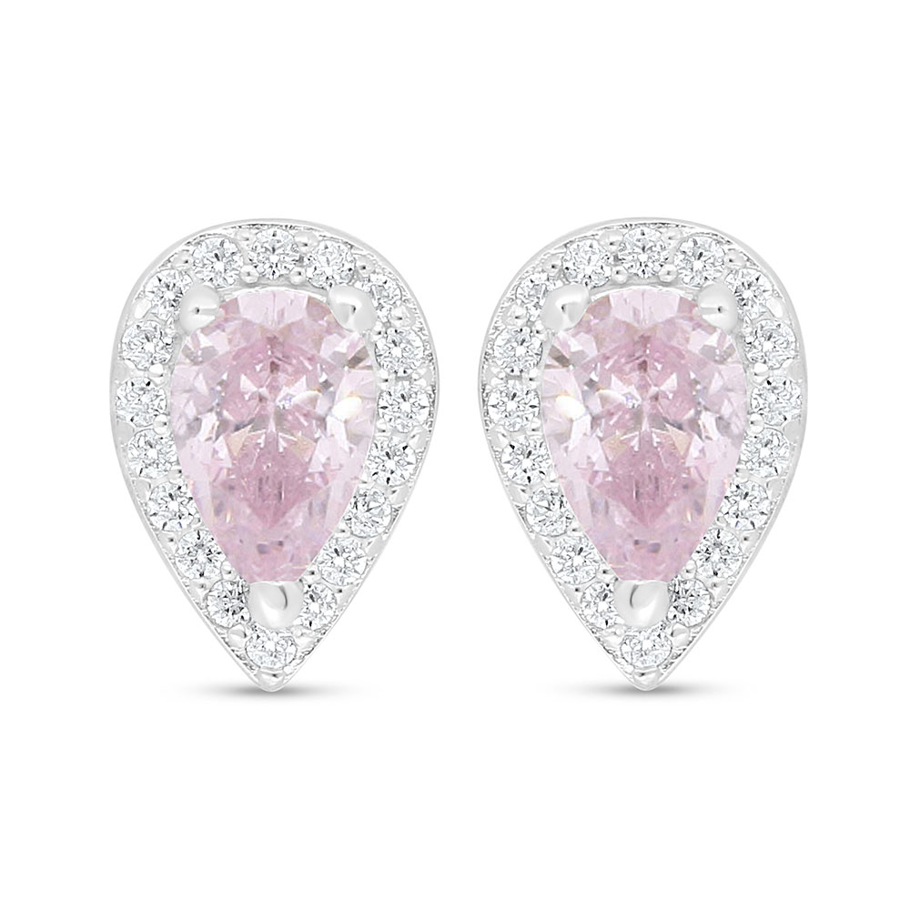 Sterling Silver 925 Earring Rhodium Plated Embedded With Pink Zircon And White Zircon