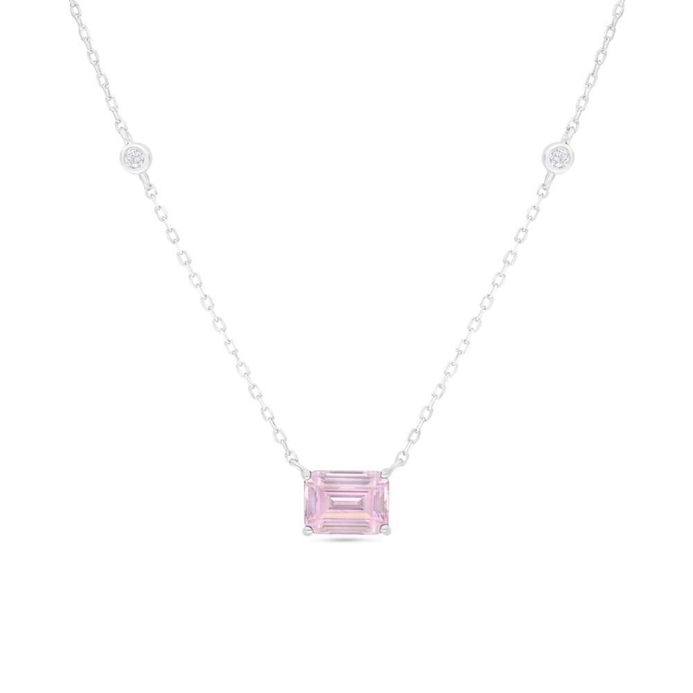 Sterling Silver 925 Necklace Rhodium Plated Embedded With Pink Zircon And White Zircon