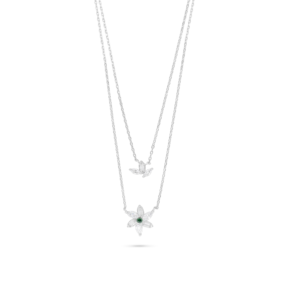 Sterling Silver 925 Necklace Rhodium Plated Embedded With Emerald Zircon And White Zircon