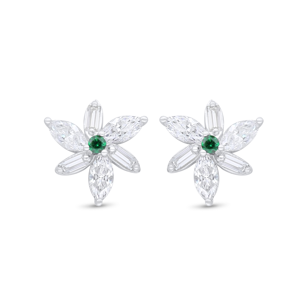 Sterling Silver 925 Earring Rhodium Plated Embedded With Emerald Zircon And White Zircon