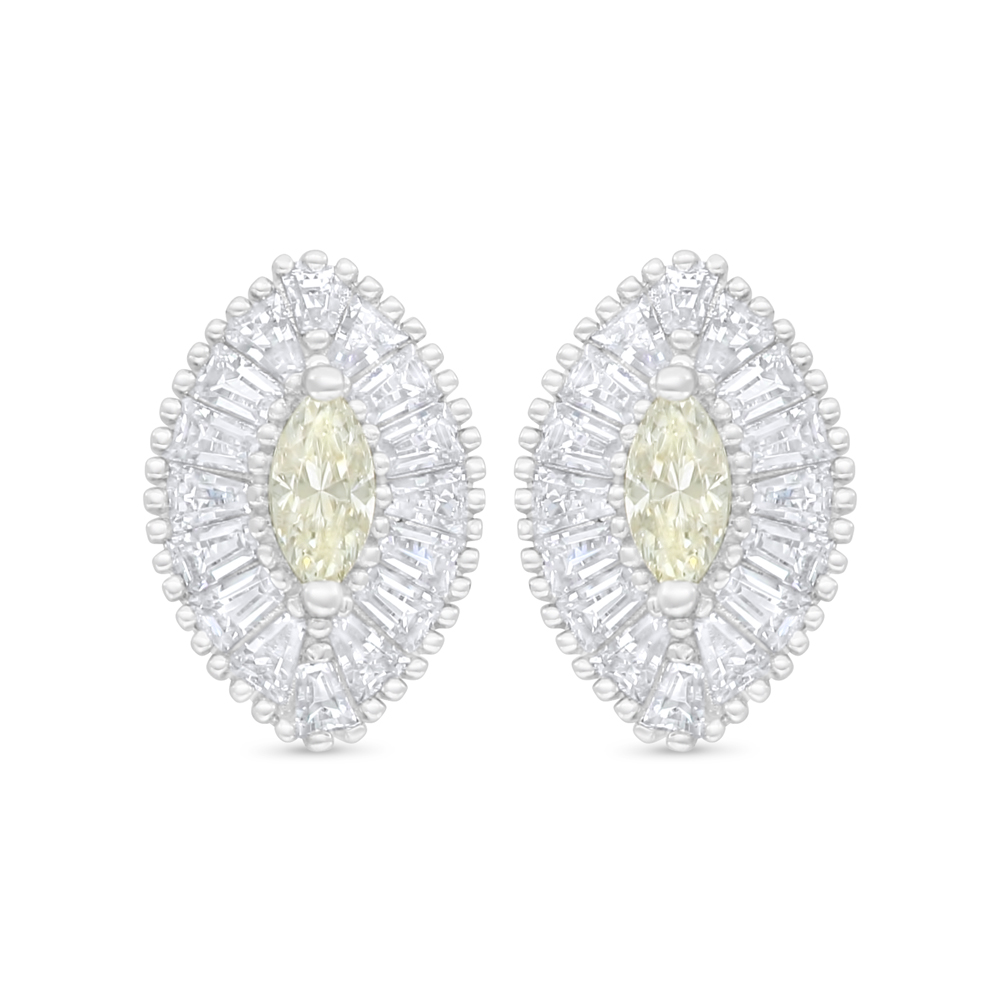 Sterling Silver 925 Earring Rhodium Plated Embedded With Yellow Diamond And White Zircon