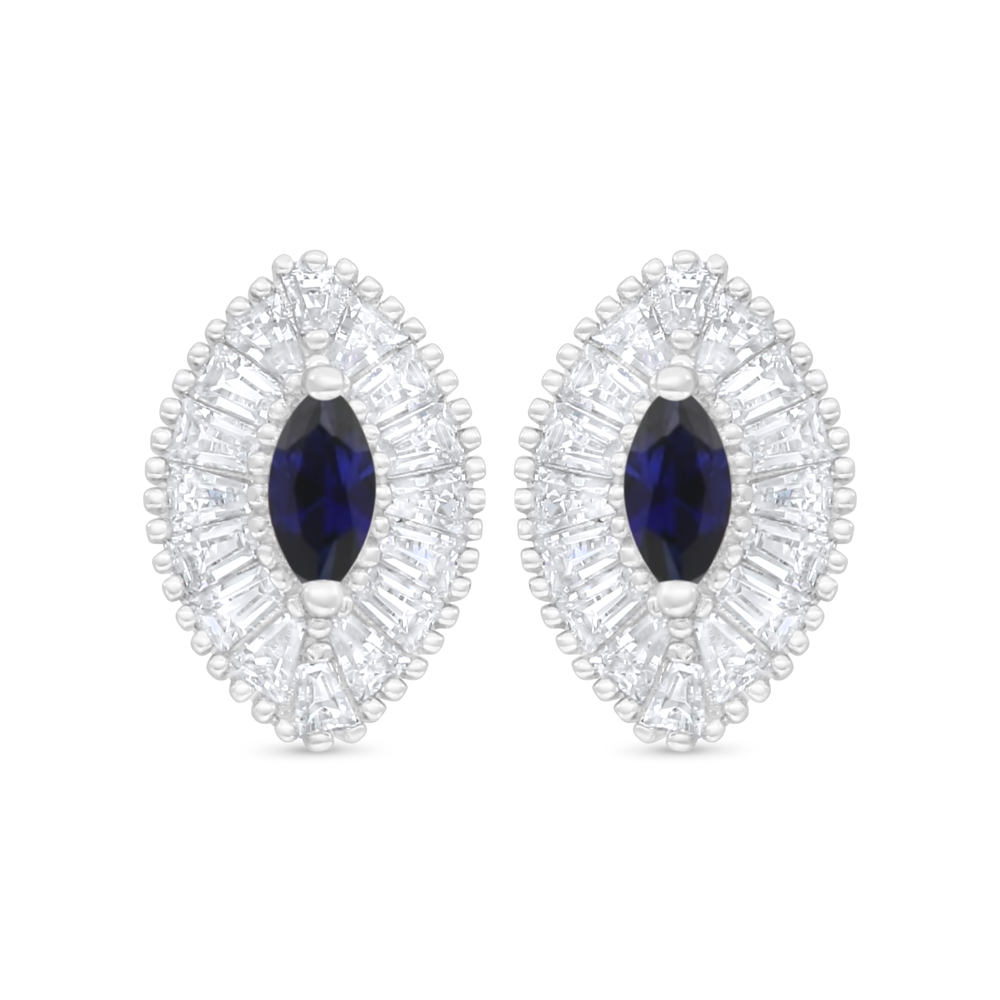 Sterling Silver 925 Earring Rhodium Plated Embedded With Sapphire Corundum And White Zircon