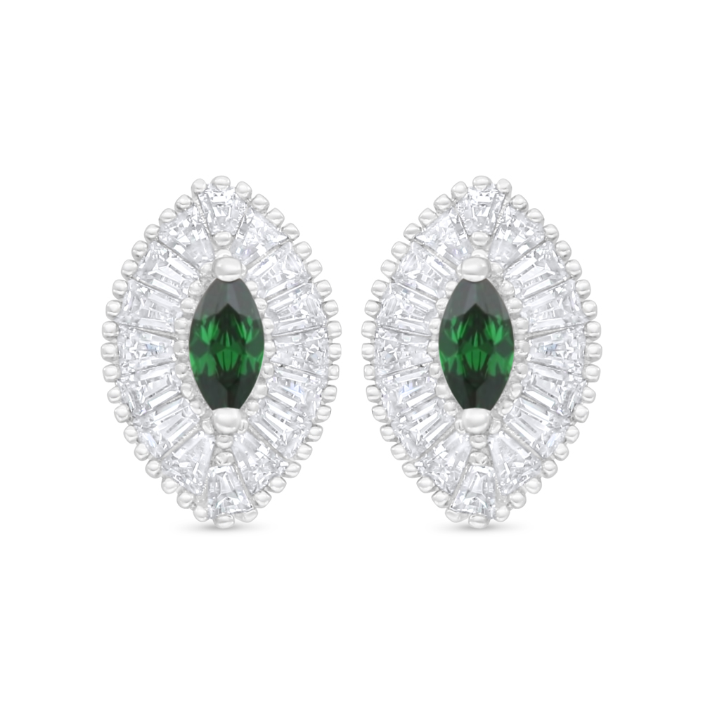 Sterling Silver 925 Earring Rhodium Plated Embedded With Emerald Zircon And White Zircon