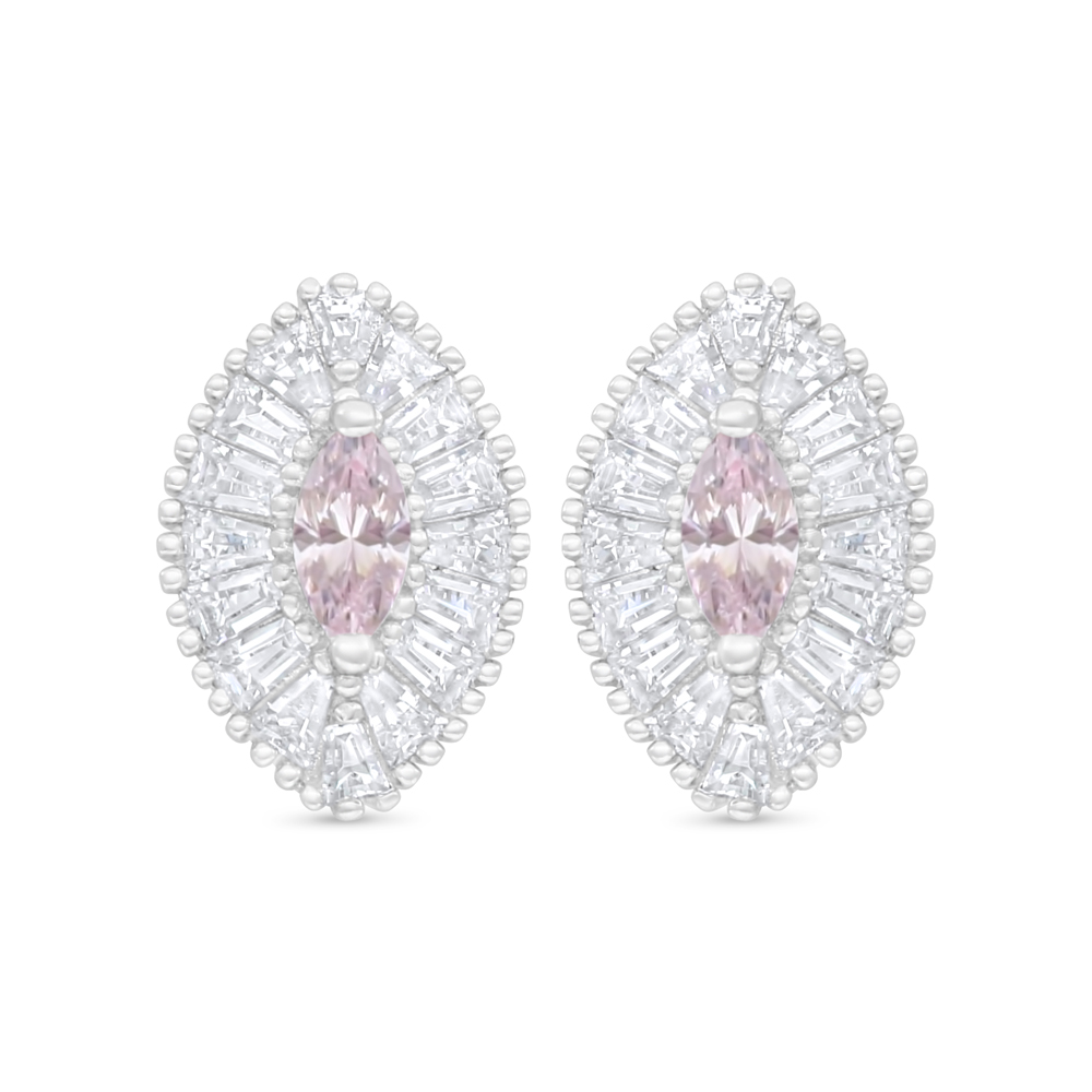 Sterling Silver 925 Earring Rhodium Plated Embedded With Pink Zircon And White Zircon