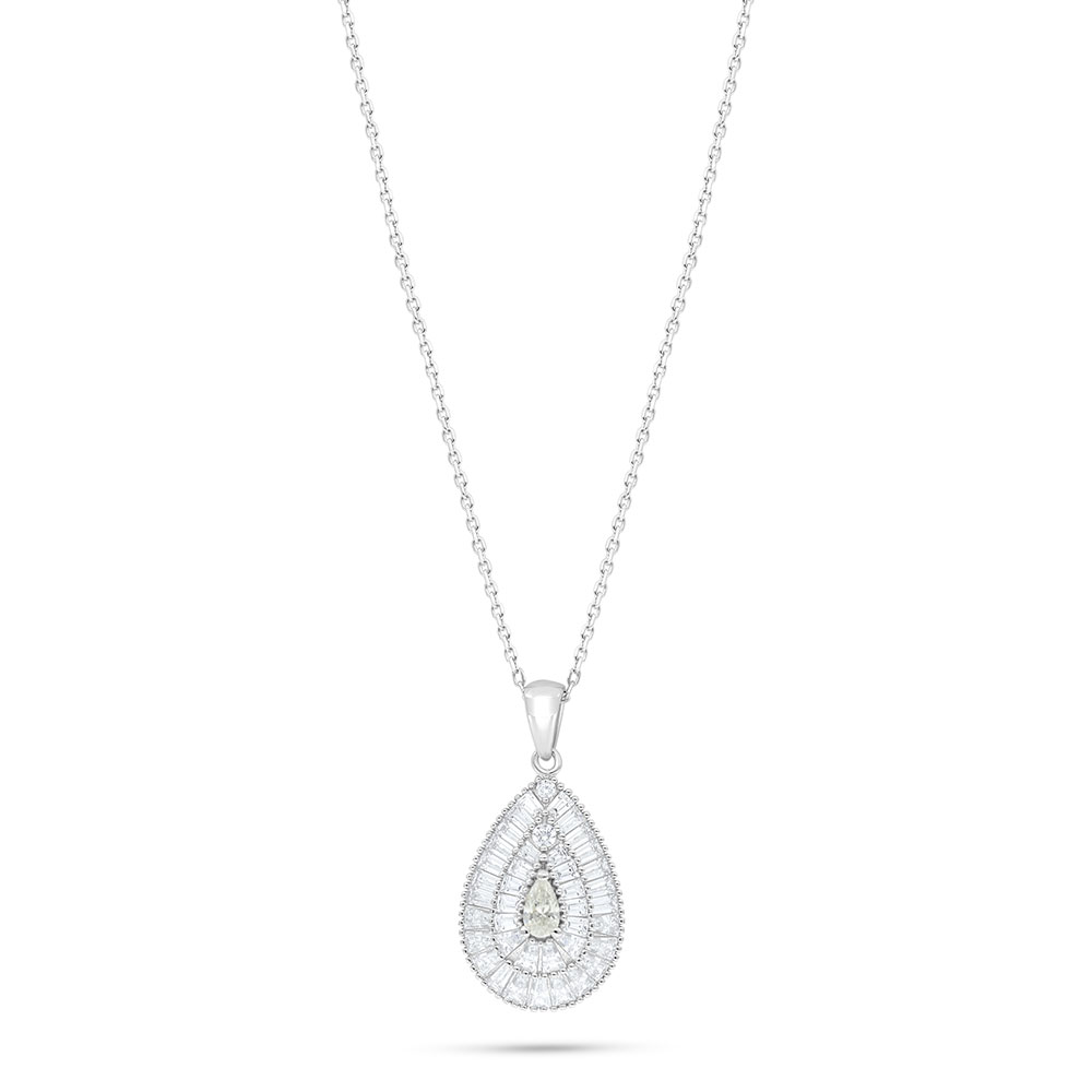 Sterling Silver 925 Necklace Rhodium Plated Embedded With Yellow Diamond And White Zircon