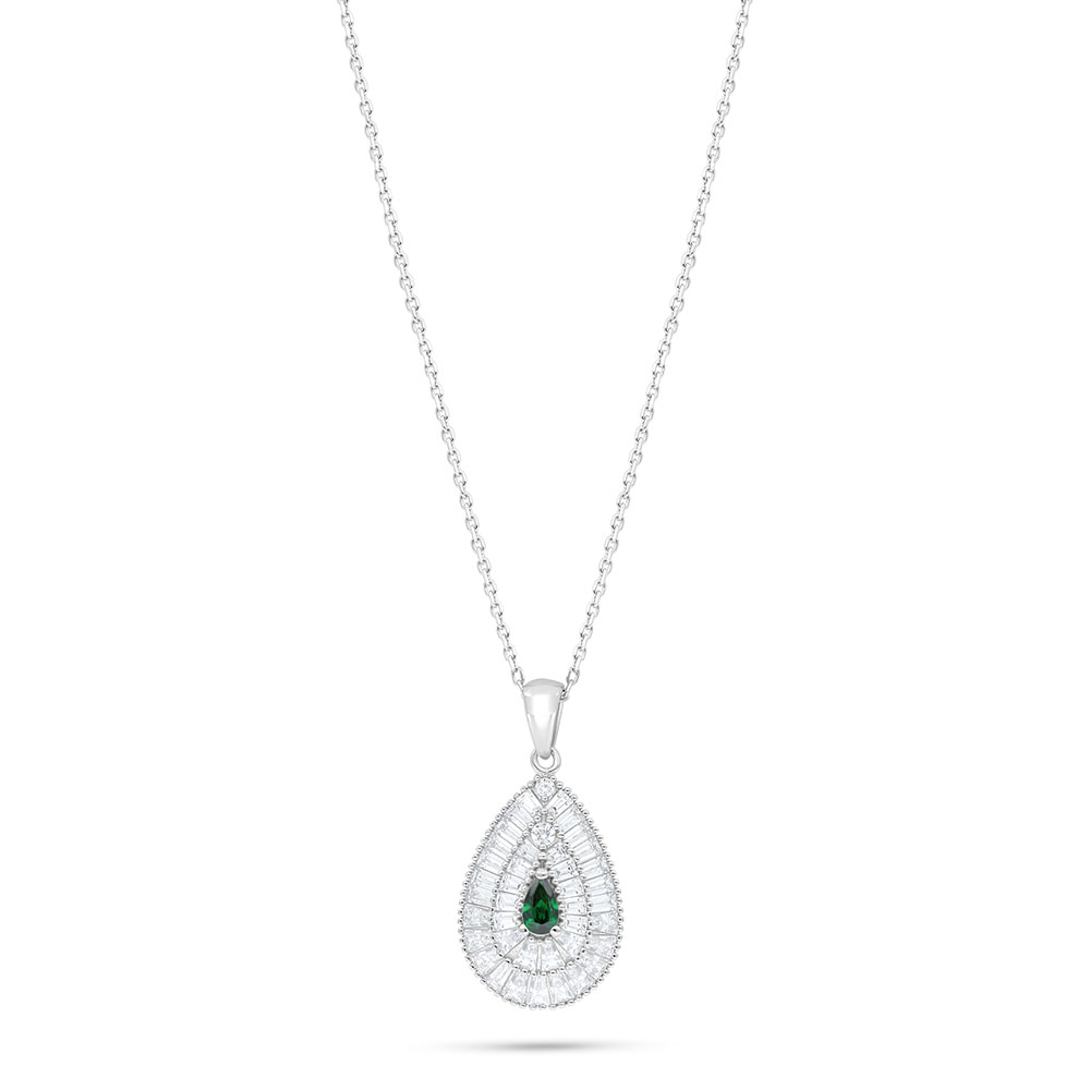 Sterling Silver 925 Necklace Rhodium Plated Embedded With Emerald Zircon And White Zircon