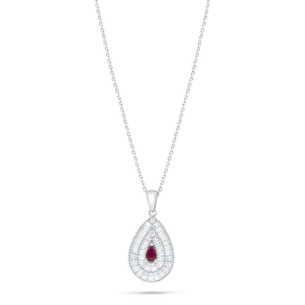 Sterling Silver 925 Necklace Rhodium Plated Embedded With Ruby Corundum And White Zircon