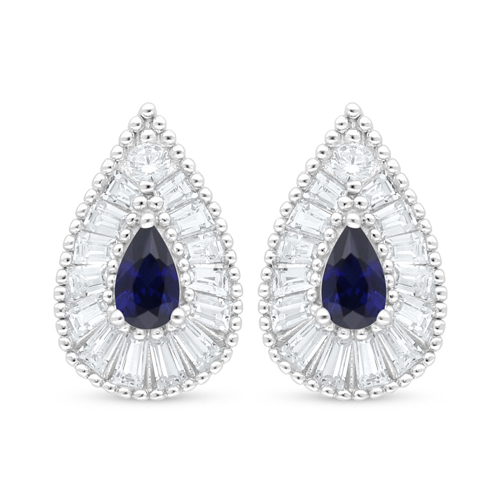 Sterling Silver 925 Earring Rhodium Plated Embedded With Sapphire Corundum And White Zircon