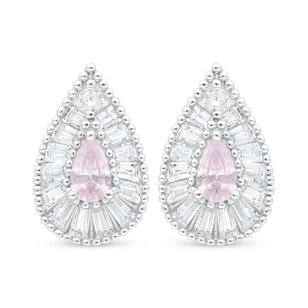 Sterling Silver 925 Earring Rhodium Plated Embedded With Pink Zircon And White Zircon