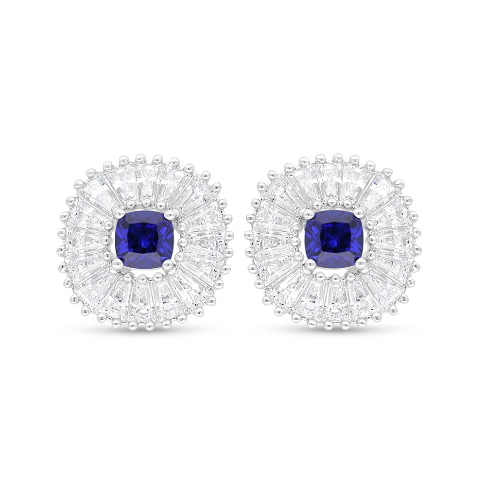 Sterling Silver 925 Earring Rhodium Plated Embedded With Sapphire Corundum And White Zircon