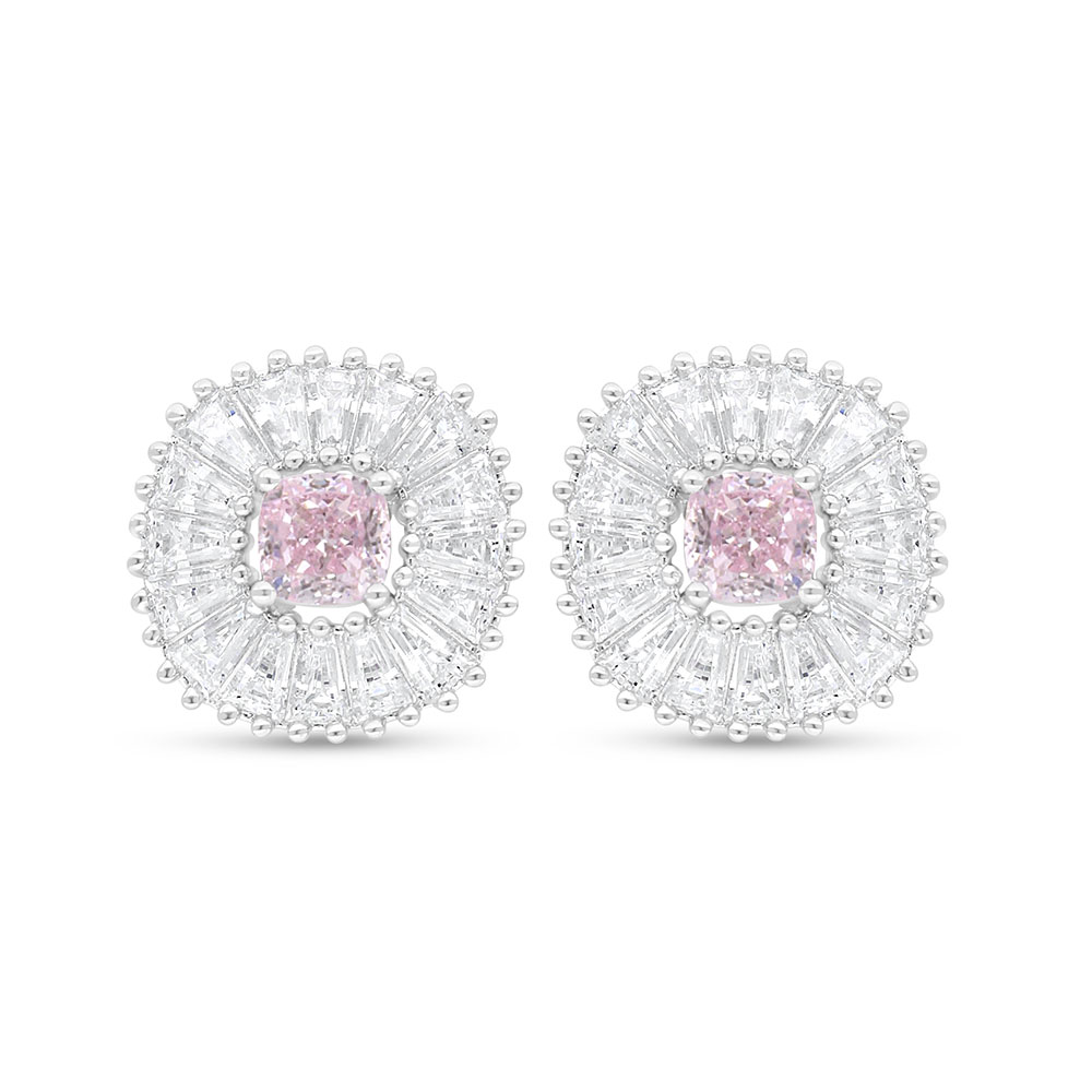 Sterling Silver 925 Earring Rhodium Plated Embedded With Pink Zircon And White Zircon