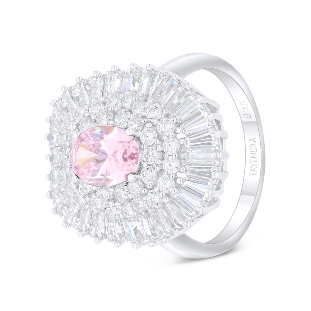 Sterling Silver 925 Ring Rhodium Plated Embedded With Pink Zircon And White Zircon