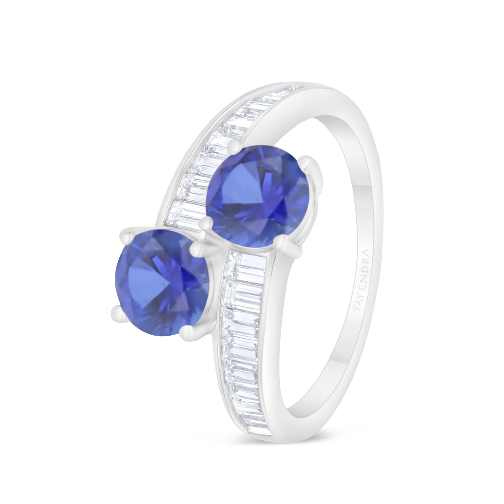 Sterling Silver 925 Ring Rhodium Plated Embedded With Sapphire Corundum And White Zircon