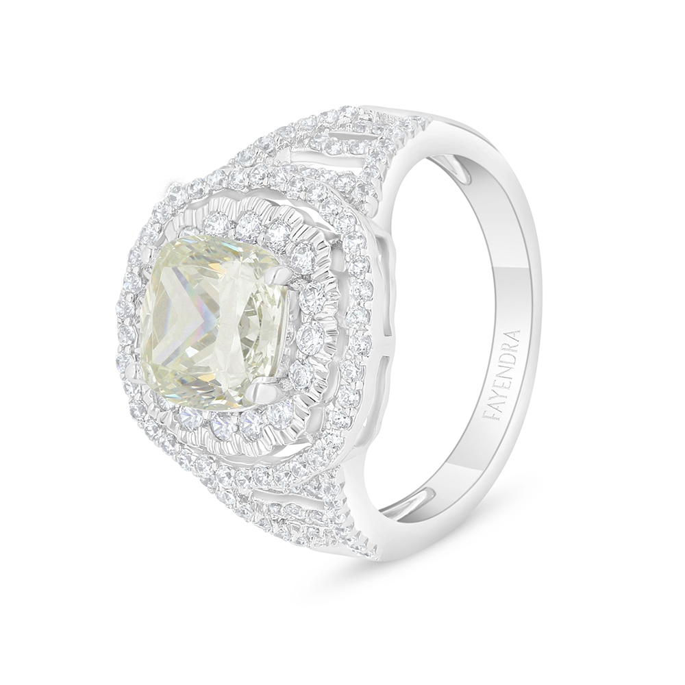 Sterling Silver 925 Ring Rhodium Plated Embedded With Yellow Diamond And White Zircon