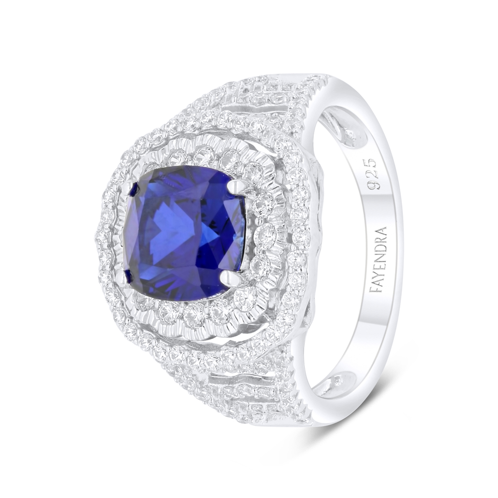 Sterling Silver 925 Ring Rhodium Plated Embedded With Sapphire Corundum And White Zircon