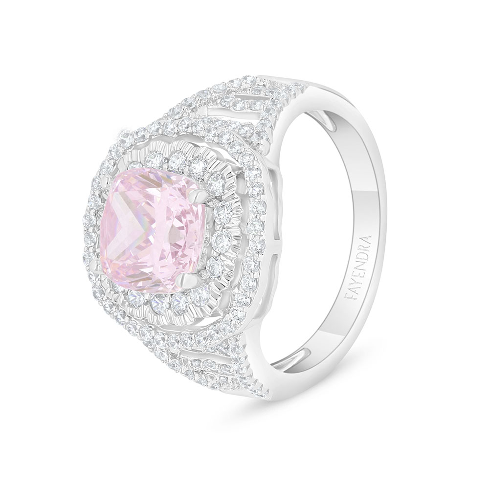 Sterling Silver 925 Ring Rhodium Plated Embedded With Pink Zircon And White Zircon