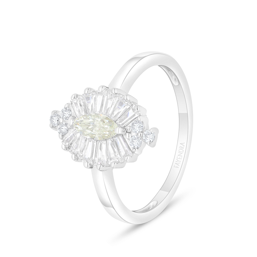 Sterling Silver 925 Ring Rhodium Plated Embedded With Yellow Diamond And White Zircon