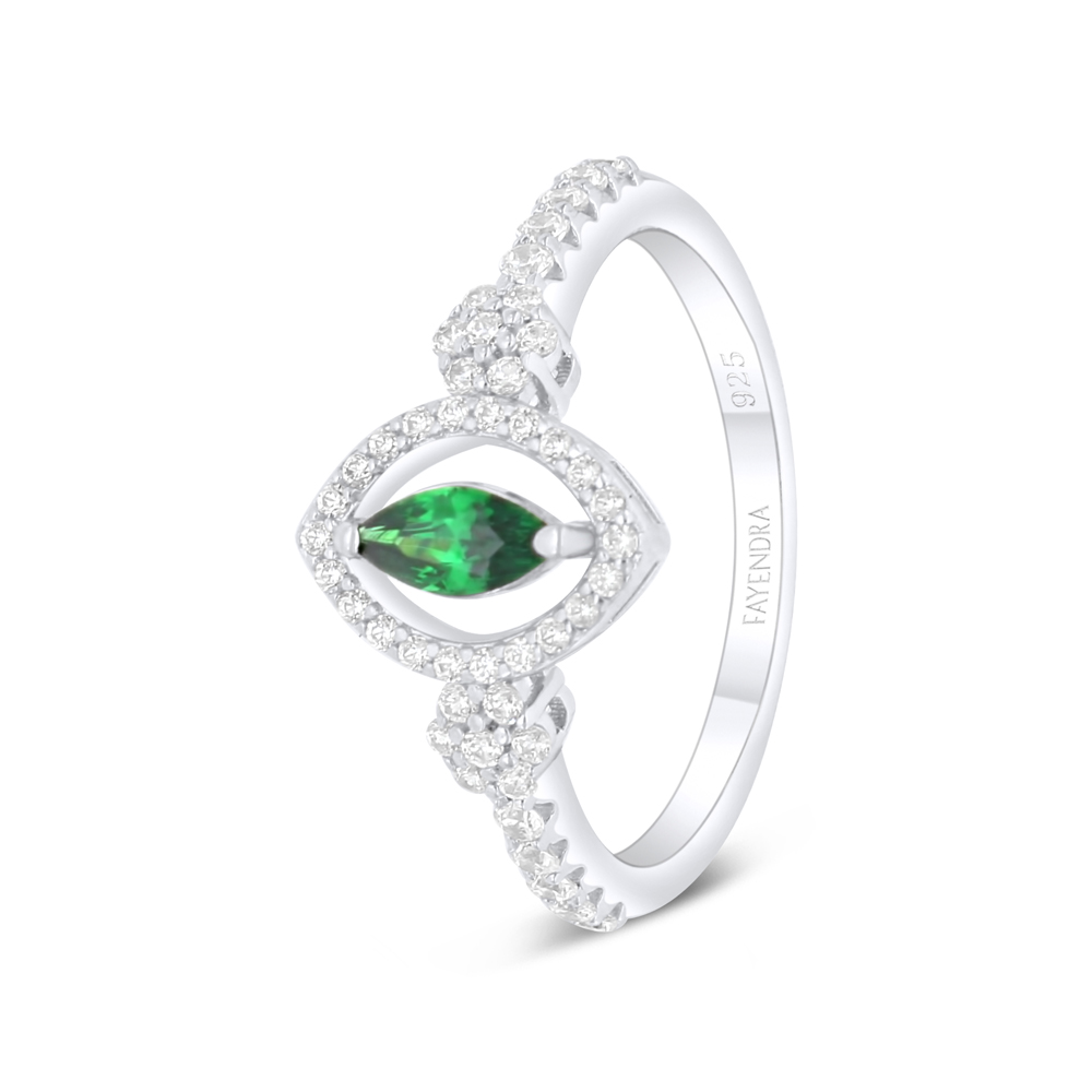 Sterling Silver 925 Ring Rhodium Plated Embedded With Emerald Zircon And White Zircon