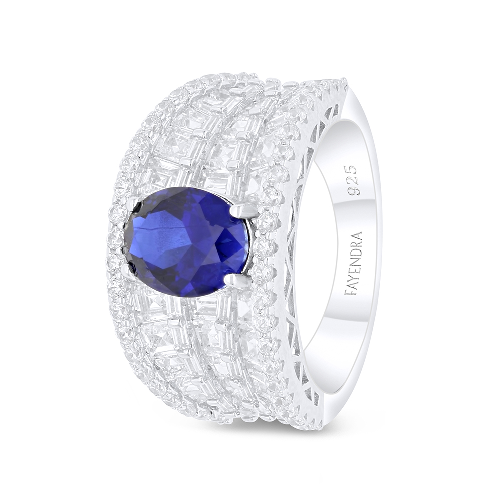 Sterling Silver 925 Ring Rhodium Plated Embedded With Sapphire Corundum And White Zircon