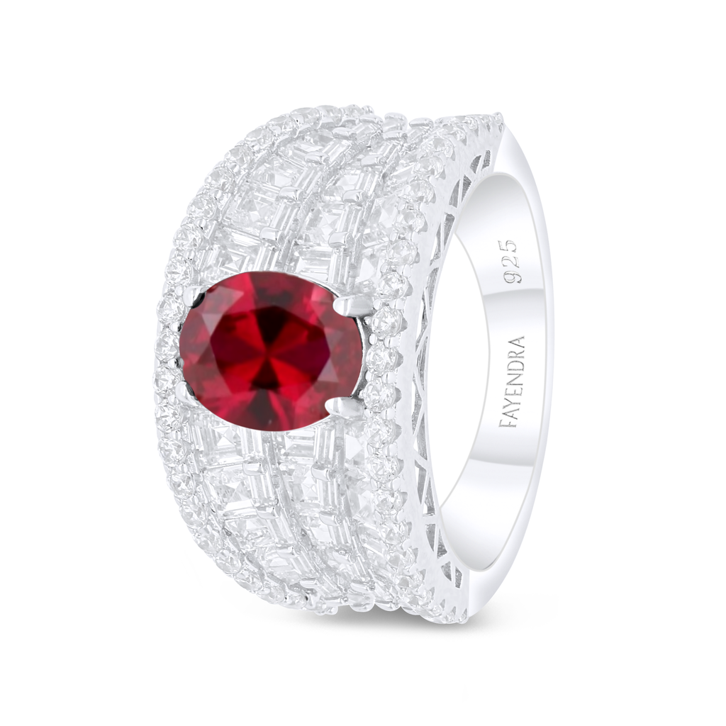 Sterling Silver 925 Ring Rhodium Plated Embedded With Ruby Corundum And White Zircon