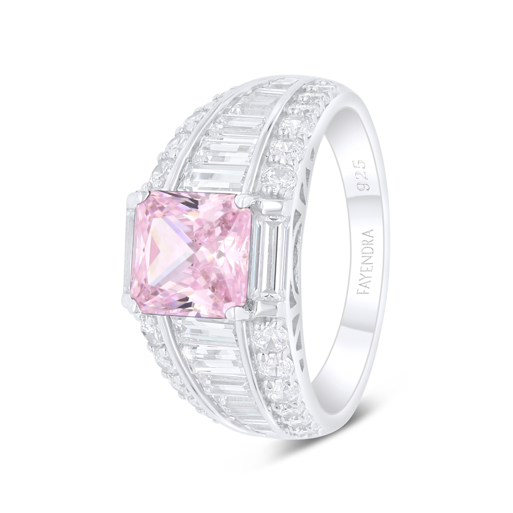 Sterling Silver 925 Ring Rhodium Plated Embedded With Pink Zircon And White Zircon