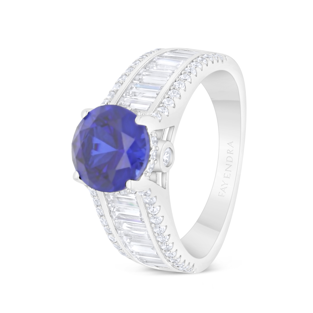 Sterling Silver 925 Ring Rhodium Plated Embedded With Sapphire Corundum And White Zircon