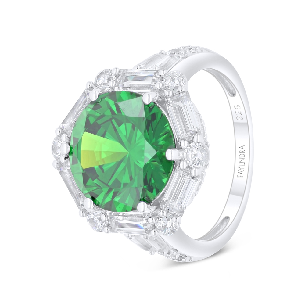 Sterling Silver 925 Ring Rhodium Plated Embedded With Emerald Zircon And White Zircon