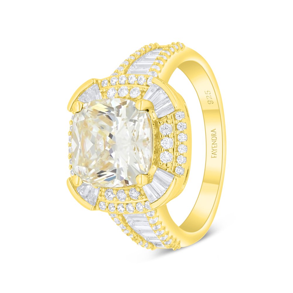 Sterling Silver 925 Ring Golden Plated Embedded With Yellow Diamond And White Zircon