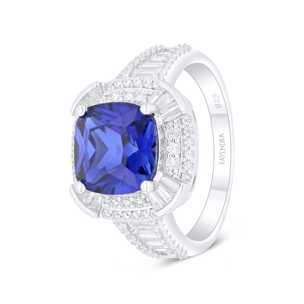 Sterling Silver 925 Ring Rhodium Plated Embedded With Sapphire Corundum And White Zircon