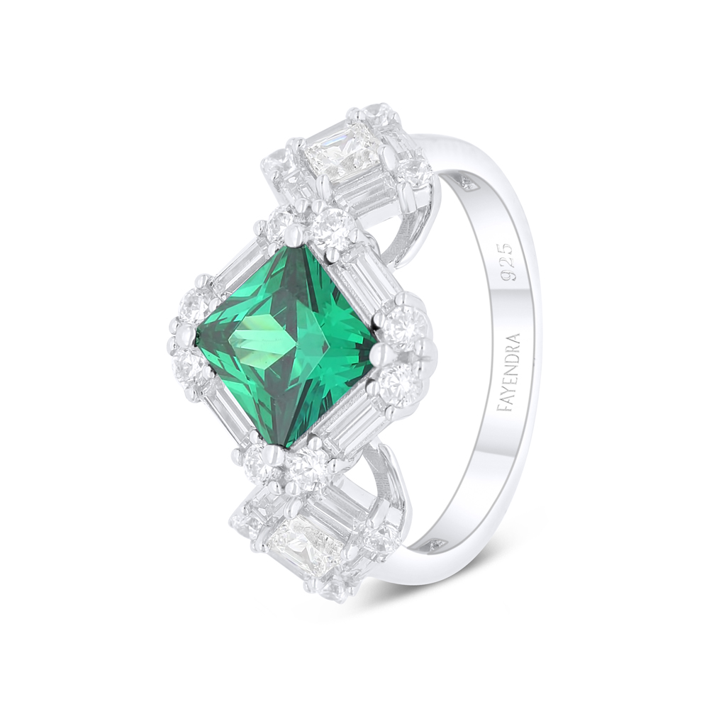 Sterling Silver 925 Ring Rhodium Plated Embedded With Emerald Zircon And White Zircon