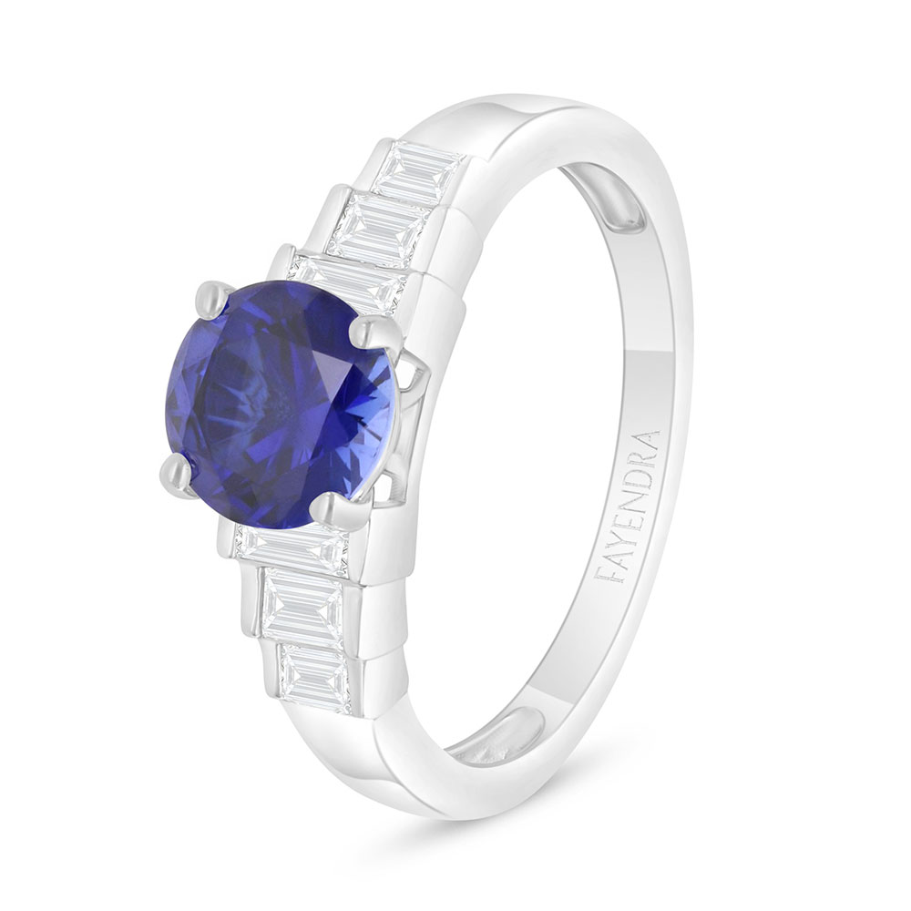 Sterling Silver 925 Ring Rhodium Plated Embedded With Sapphire Corundum And White Zircon