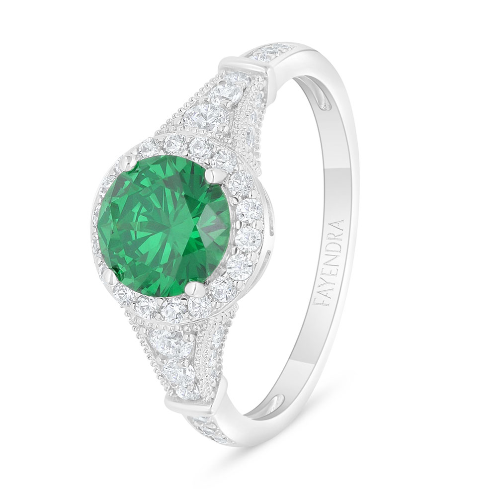 Sterling Silver 925 Ring Rhodium Plated Embedded With Emerald Zircon And White Zircon