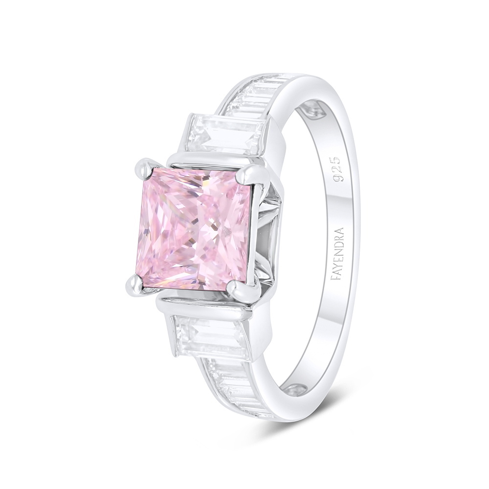 Sterling Silver 925 Ring Rhodium Plated Embedded With Pink Zircon And White Zircon