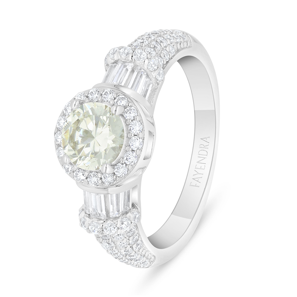 Sterling Silver 925 Ring Rhodium Plated Embedded With Yellow Diamond And White Zircon