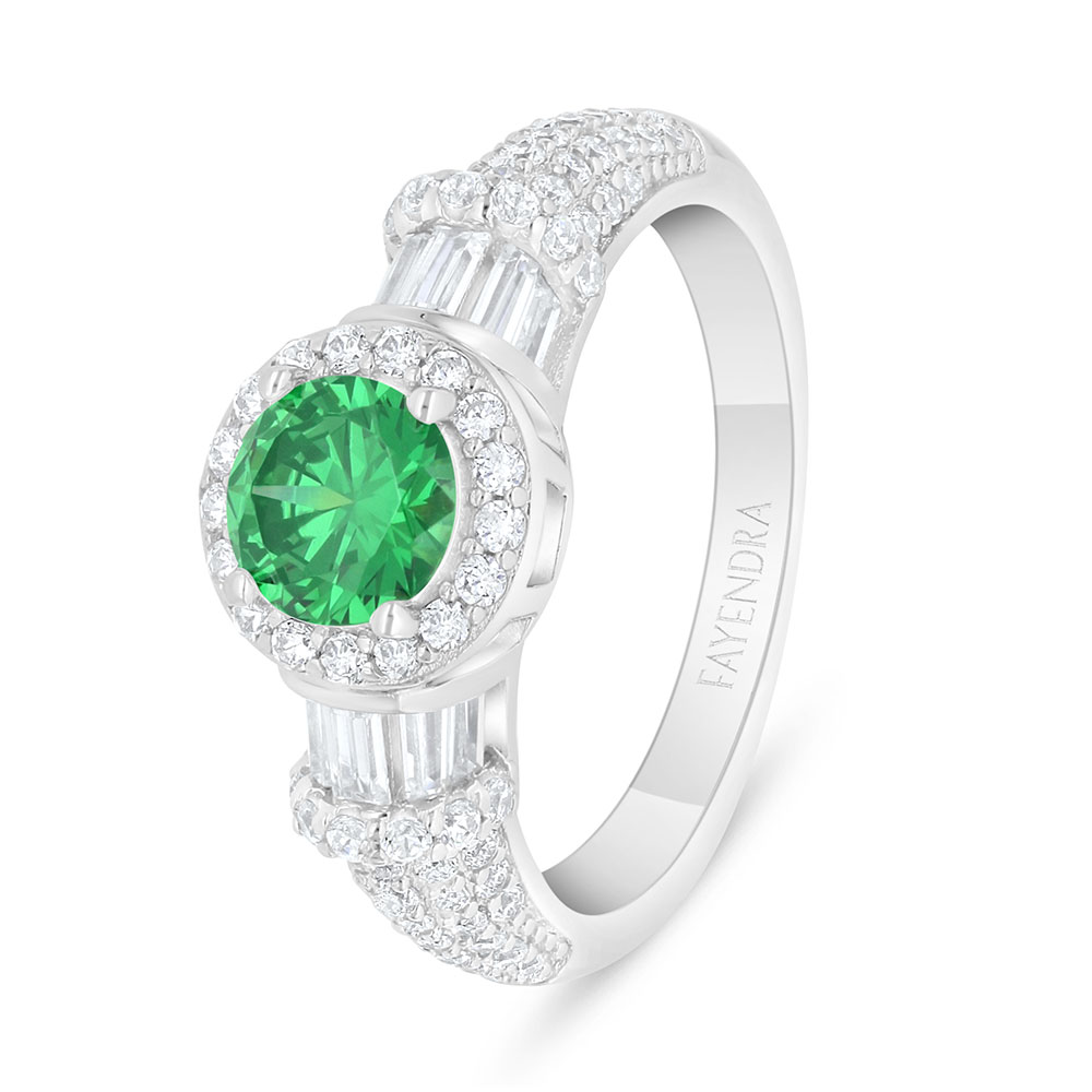 Sterling Silver 925 Ring Rhodium Plated Embedded With Emerald Zircon And White Zircon