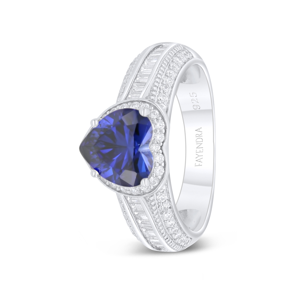 Sterling Silver 925 Ring Rhodium Plated Embedded With Sapphire Corundum And White Zircon