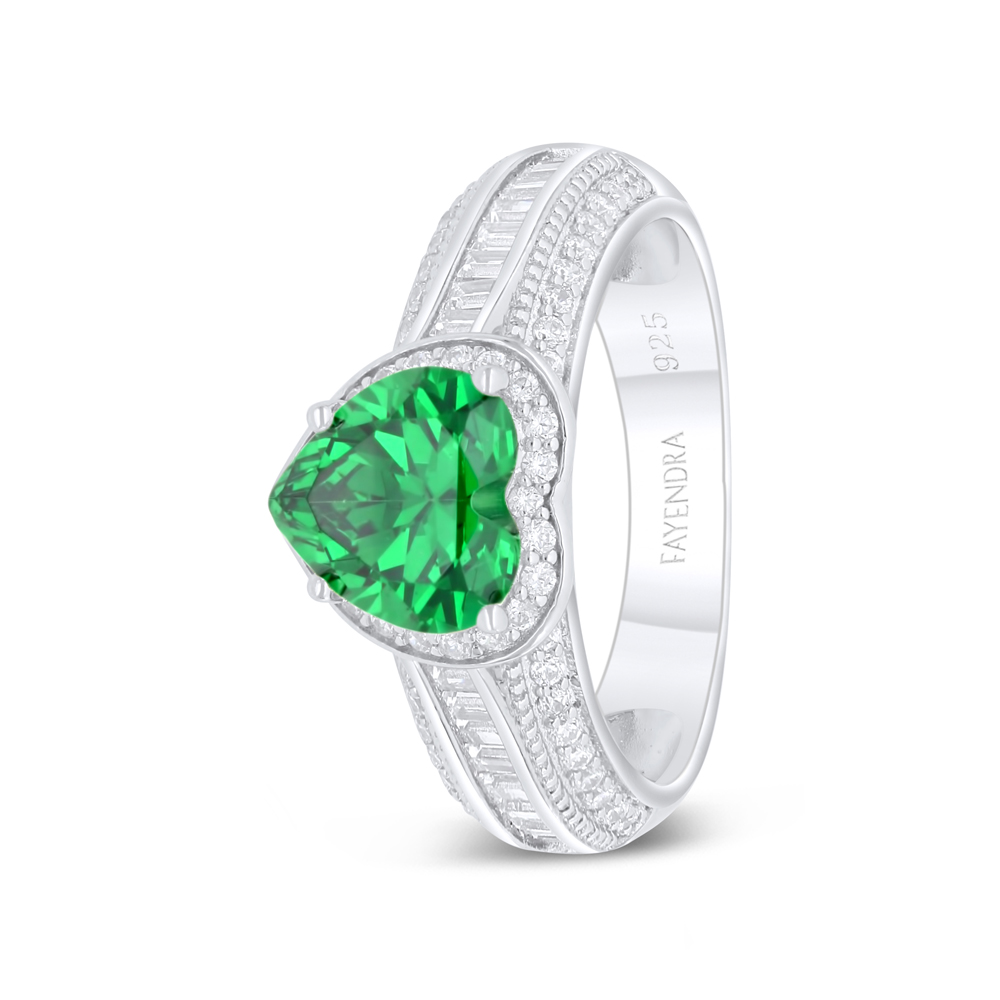 Sterling Silver 925 Ring Rhodium Plated Embedded With Emerald Zircon And White Zircon