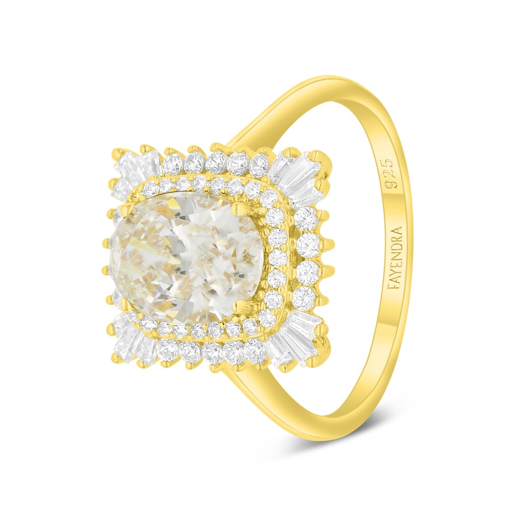 Sterling Silver 925 Ring Golden Plated Embedded With Yellow Diamond And White Zircon