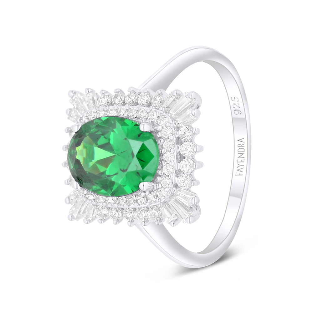 Sterling Silver 925 Ring Rhodium Plated Embedded With Emerald Zircon And White Zircon