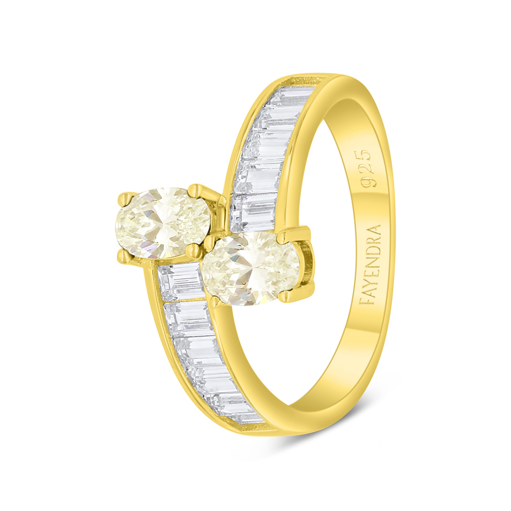 Sterling Silver 925 Ring Golden Plated Embedded With Yellow Diamond And White Zircon