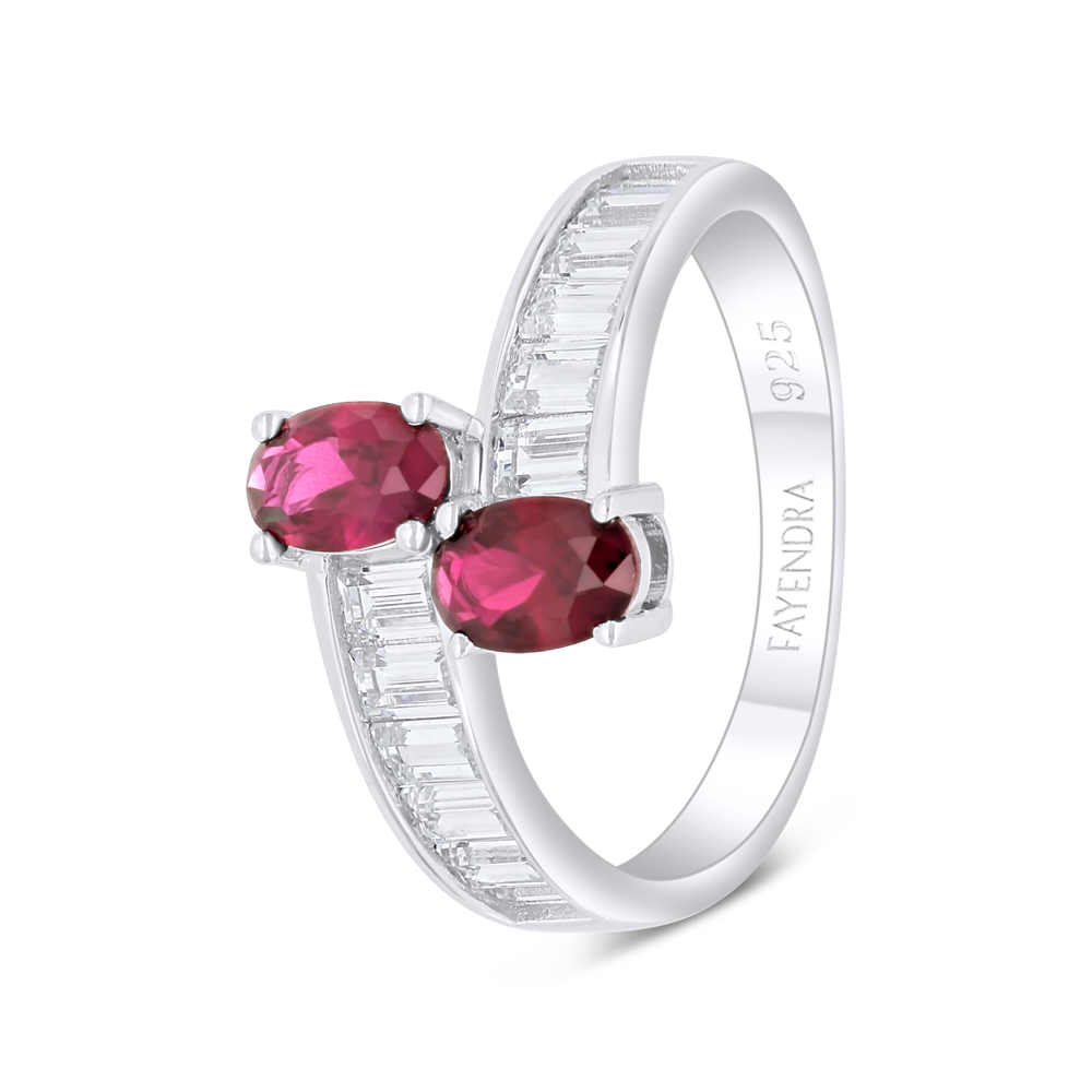 Sterling Silver 925 Ring Rhodium Plated Embedded With Ruby Corundum And White Zircon