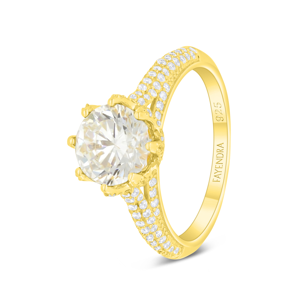 Sterling Silver 925 Ring Golden Plated Embedded With Yellow Diamond And White Zircon