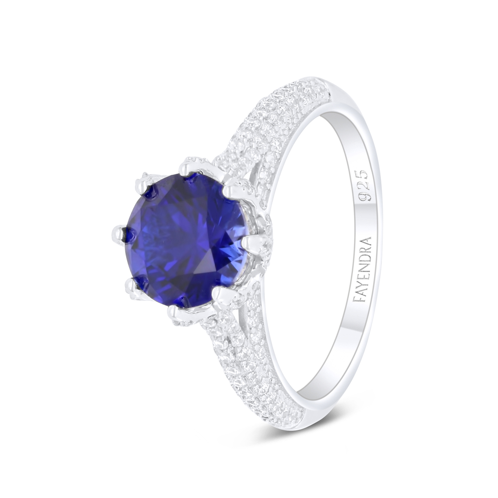 Sterling Silver 925 Ring Rhodium Plated Embedded With Sapphire Corundum And White Zircon