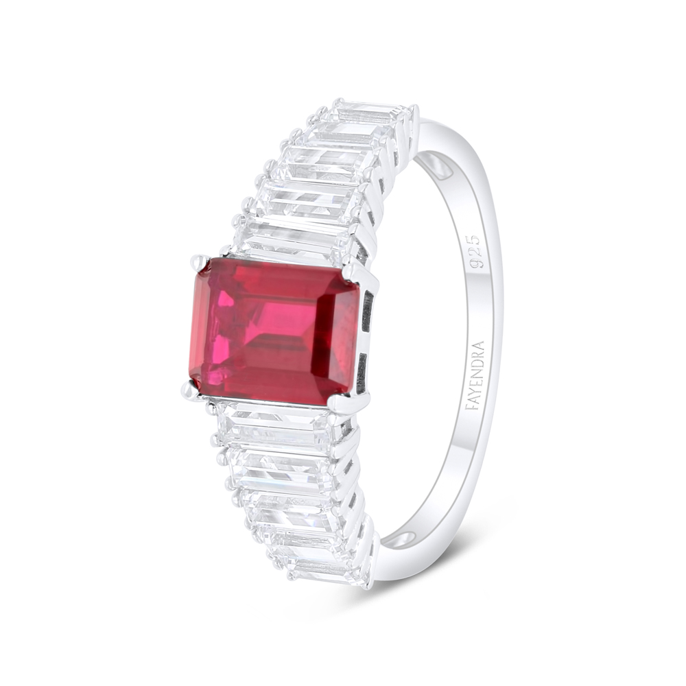 Sterling Silver 925 Ring Rhodium Plated Embedded With Ruby Corundum And White Zircon