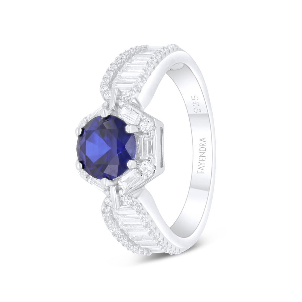 Sterling Silver 925 Ring Rhodium Plated Embedded With Sapphire Corundum And White Zircon