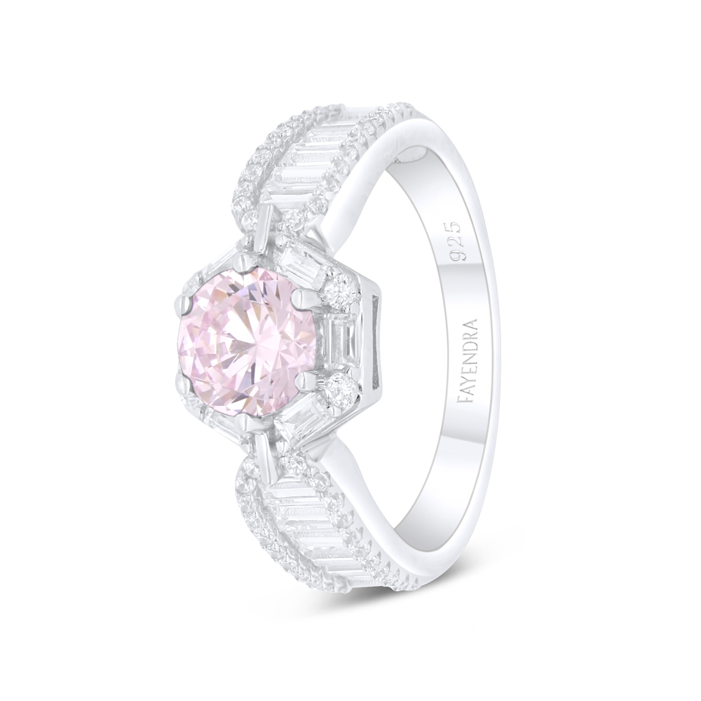 Sterling Silver 925 Ring Rhodium Plated Embedded With Pink Zircon And White Zircon