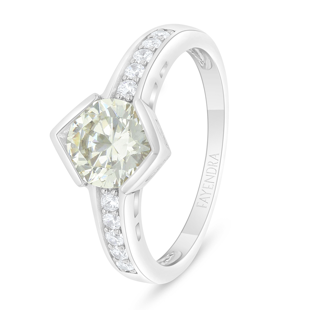 Sterling Silver 925 Ring Rhodium Plated Embedded With Yellow Diamond And White Zircon