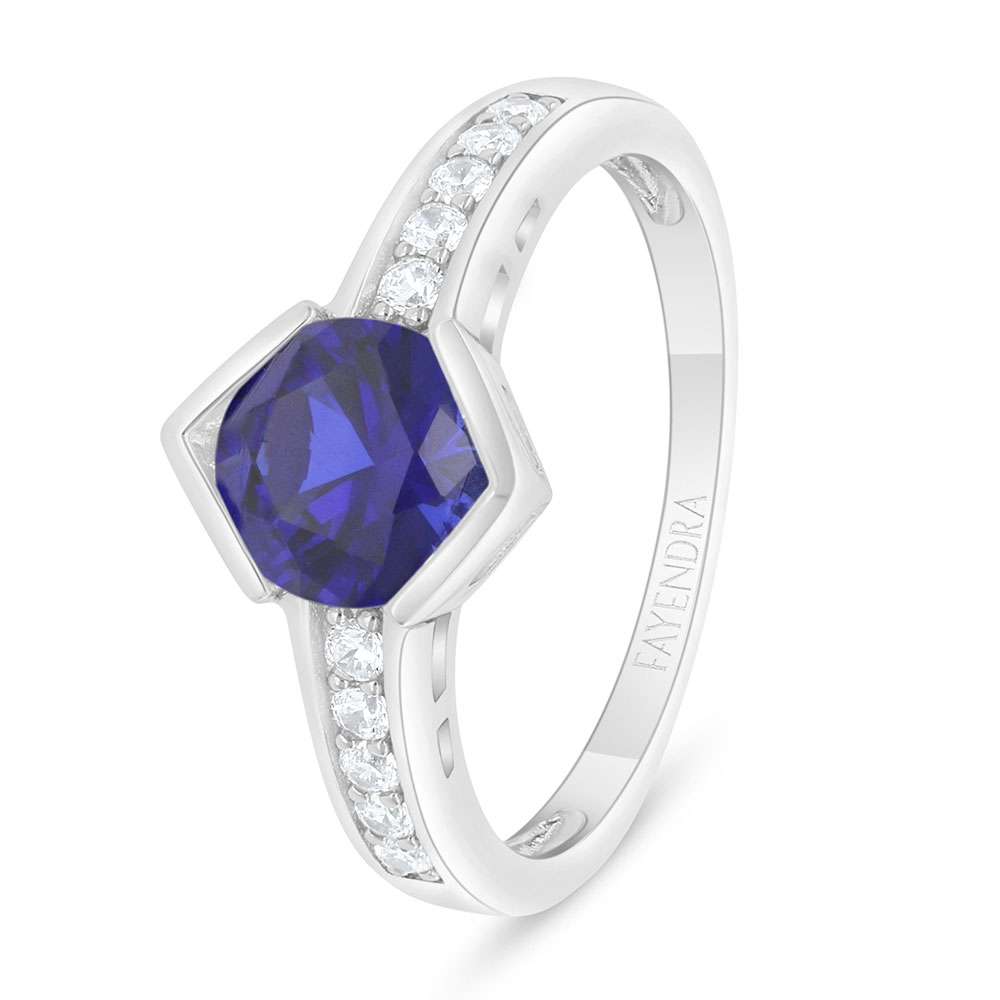 Sterling Silver 925 Ring Rhodium Plated Embedded With Sapphire Corundum And White Zircon